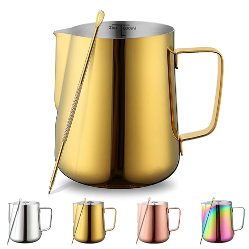 Milk Frothing Pitcher 21oz - 620ml  Kyraton Stainless Steel Espresso Steaming Pitchers with Decorating Pen Milk Coffee Frother Cups Cappuccino Latte Art Barista Steam Pitchers Milk Jug Cup (Gold)